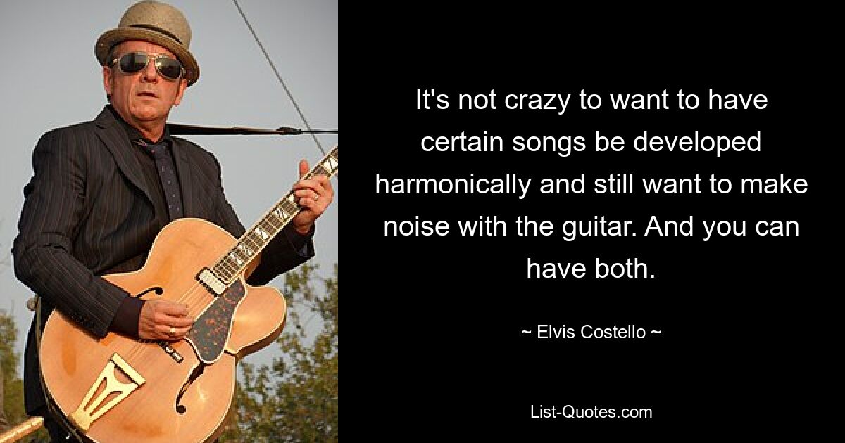 It's not crazy to want to have certain songs be developed harmonically and still want to make noise with the guitar. And you can have both. — © Elvis Costello