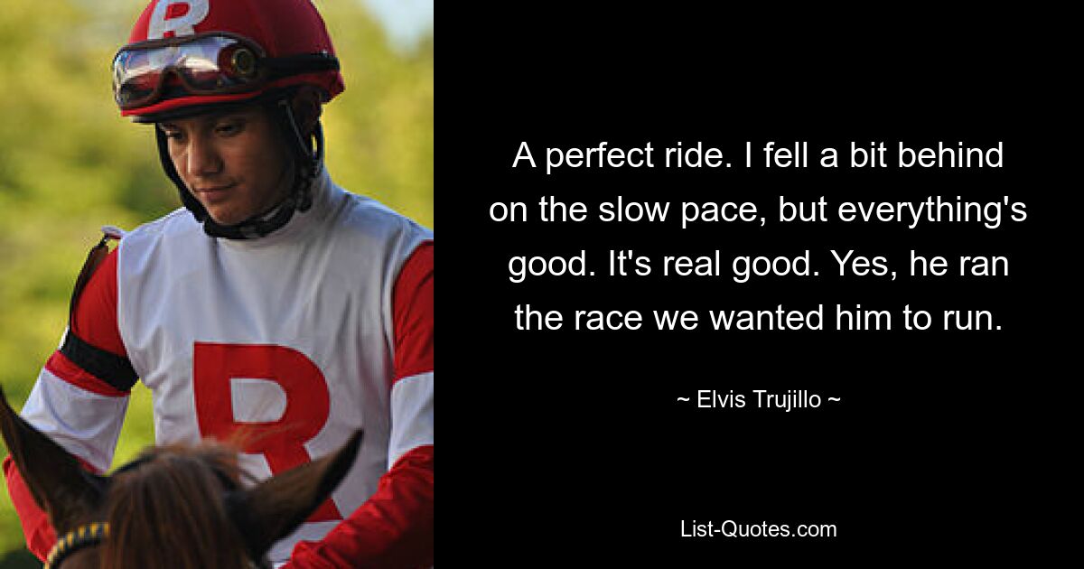 A perfect ride. I fell a bit behind on the slow pace, but everything's good. It's real good. Yes, he ran the race we wanted him to run. — © Elvis Trujillo