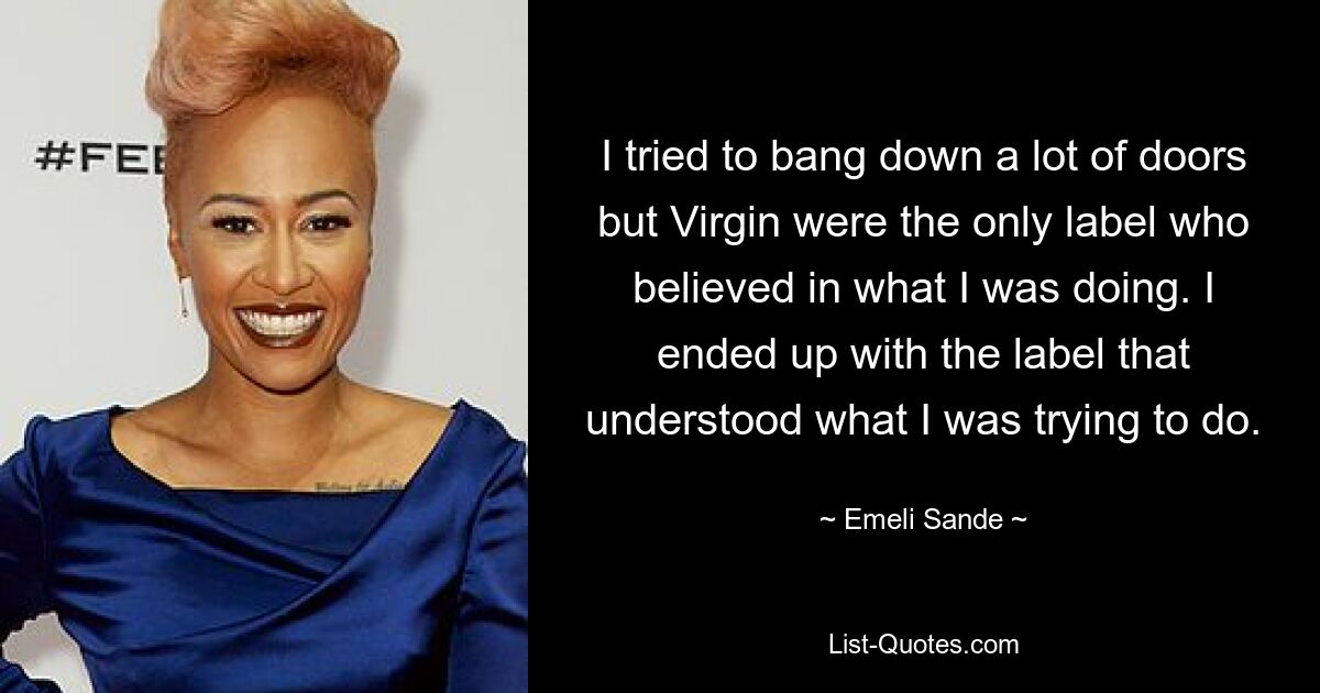 I tried to bang down a lot of doors but Virgin were the only label who believed in what I was doing. I ended up with the label that understood what I was trying to do. — © Emeli Sande