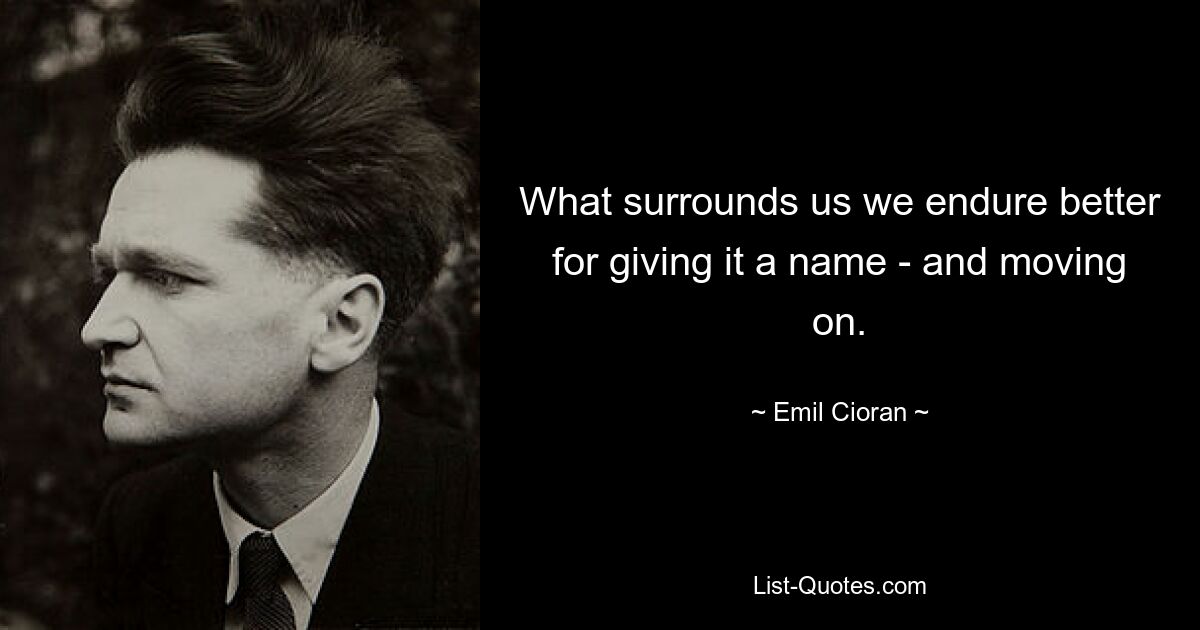 What surrounds us we endure better for giving it a name - and moving on. — © Emil Cioran