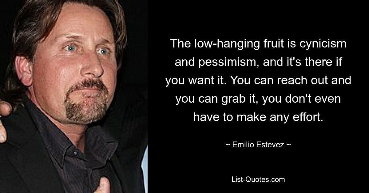 The low-hanging fruit is cynicism and pessimism, and it's there if you want it. You can reach out and you can grab it, you don't even have to make any effort. — © Emilio Estevez