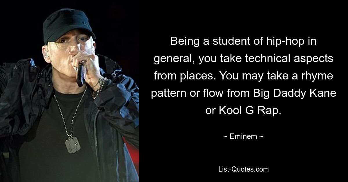 Being a student of hip-hop in general, you take technical aspects from places. You may take a rhyme pattern or flow from Big Daddy Kane or Kool G Rap. — © Eminem