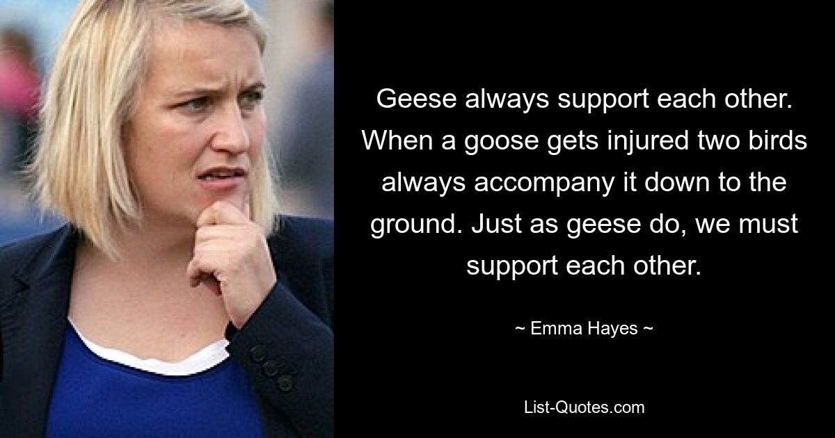 Geese always support each other. When a goose gets injured two birds always accompany it down to the ground. Just as geese do, we must support each other. — © Emma Hayes