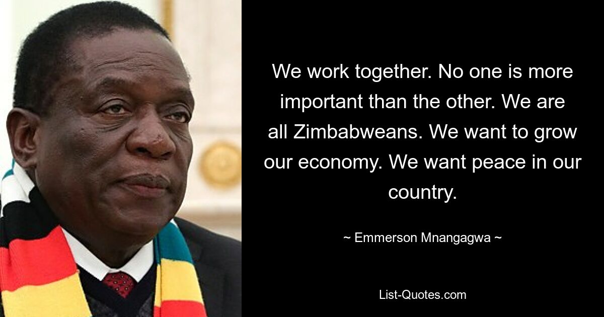 We work together. No one is more important than the other. We are all Zimbabweans. We want to grow our economy. We want peace in our country. — © Emmerson Mnangagwa