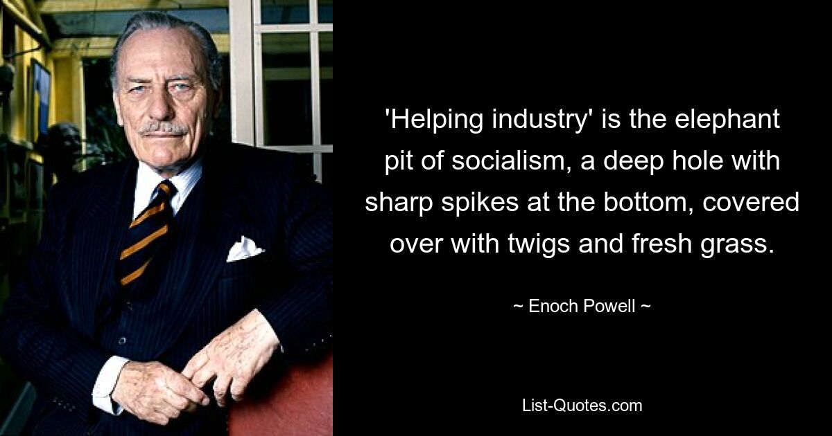 'Helping industry' is the elephant pit of socialism, a deep hole with sharp spikes at the bottom, covered over with twigs and fresh grass. — © Enoch Powell