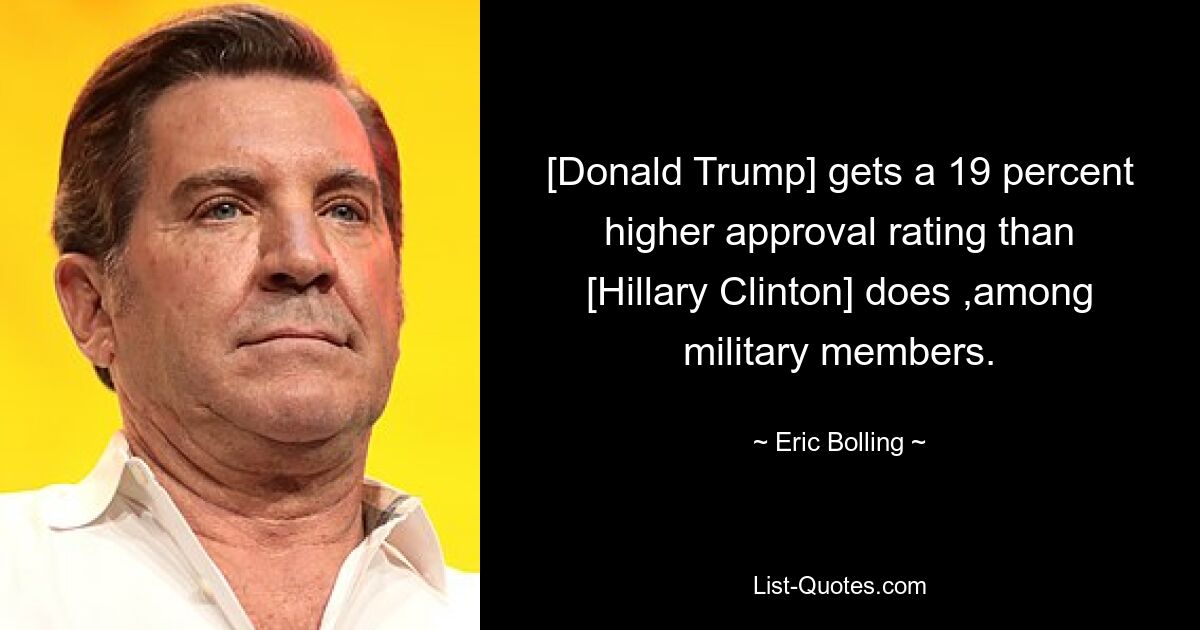 [Donald Trump] gets a 19 percent higher approval rating than [Hillary Clinton] does ,among military members. — © Eric Bolling