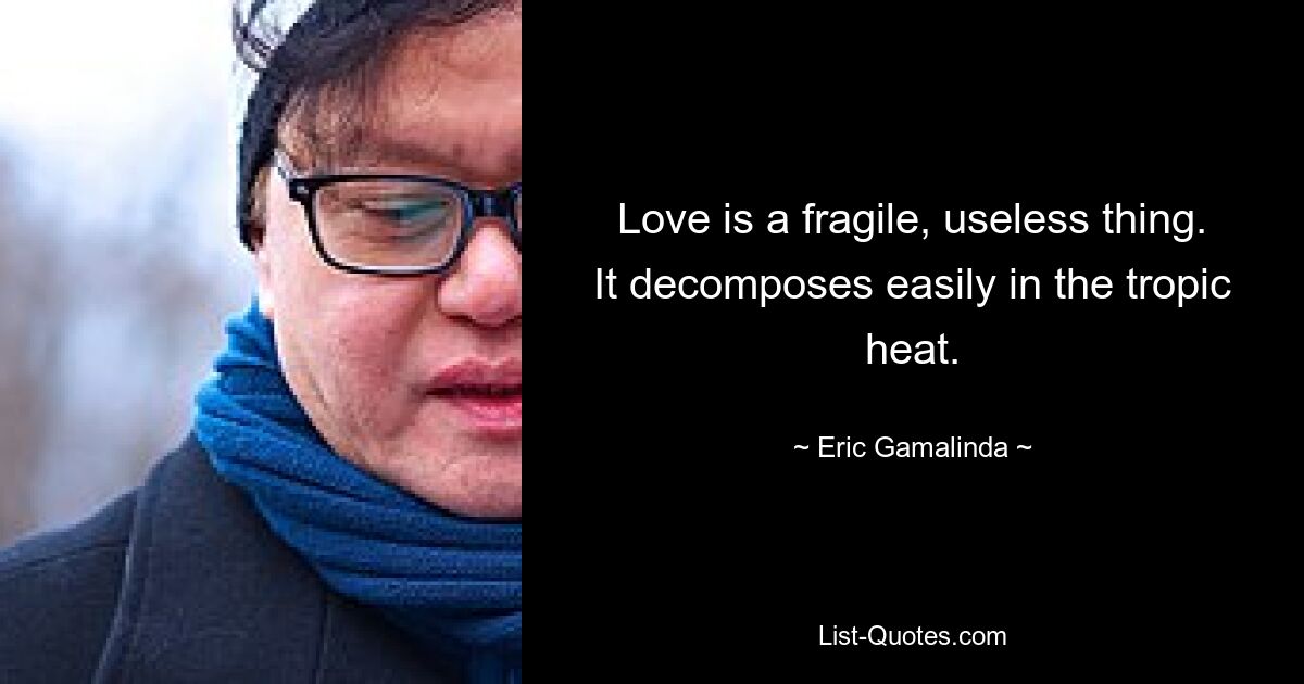 Love is a fragile, useless thing. It decomposes easily in the tropic heat. — © Eric Gamalinda