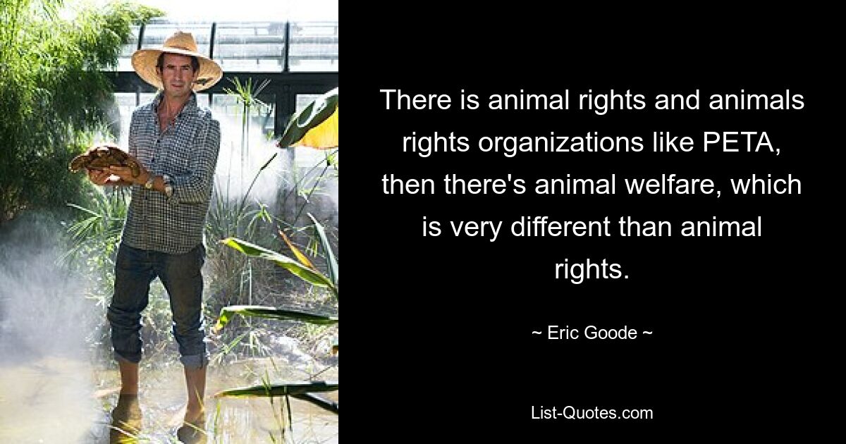 There is animal rights and animals rights organizations like PETA, then there's animal welfare, which is very different than animal rights. — © Eric Goode