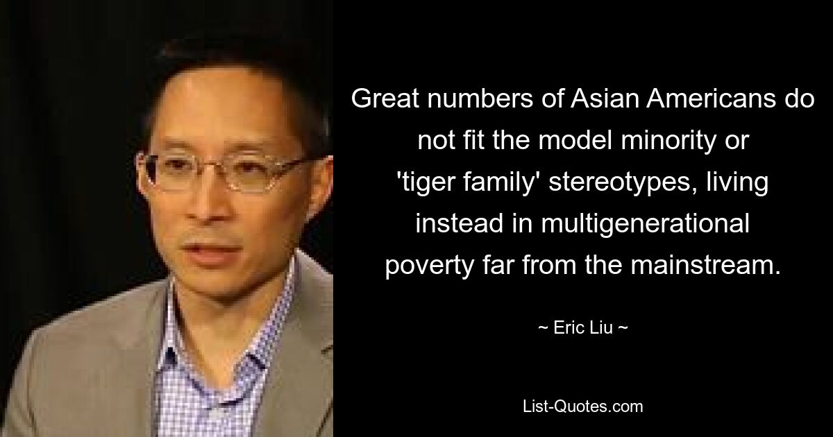 Great numbers of Asian Americans do not fit the model minority or 'tiger family' stereotypes, living instead in multigenerational poverty far from the mainstream. — © Eric Liu