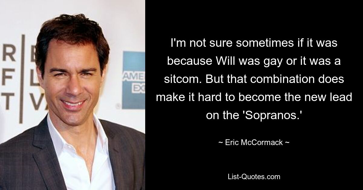 I'm not sure sometimes if it was because Will was gay or it was a sitcom. But that combination does make it hard to become the new lead on the 'Sopranos.' — © Eric McCormack