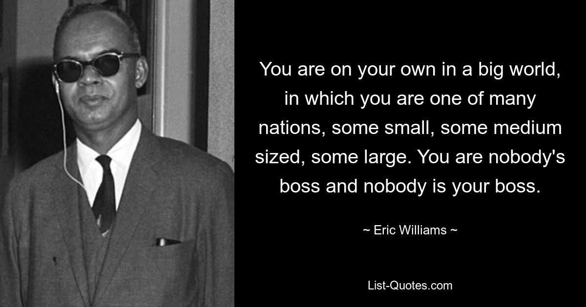 You are on your own in a big world, in which you are one of many nations, some small, some medium sized, some large. You are nobody's boss and nobody is your boss. — © Eric Williams