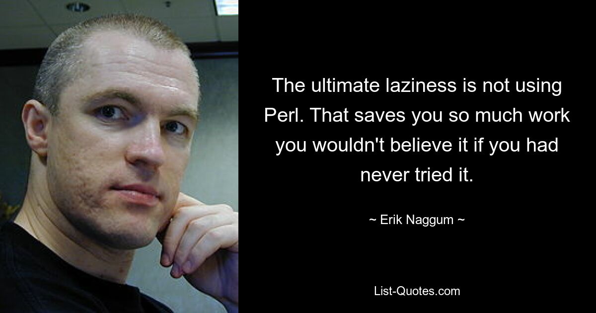 The ultimate laziness is not using Perl. That saves you so much work you wouldn't believe it if you had never tried it. — © Erik Naggum