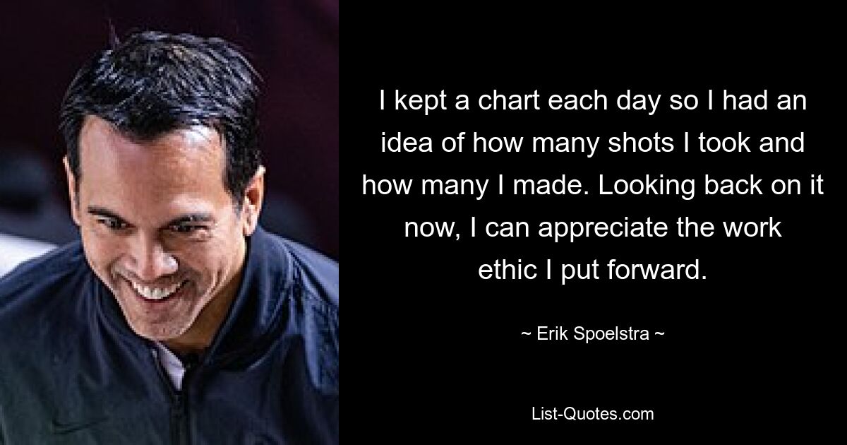 I kept a chart each day so I had an idea of how many shots I took and how many I made. Looking back on it now, I can appreciate the work ethic I put forward. — © Erik Spoelstra