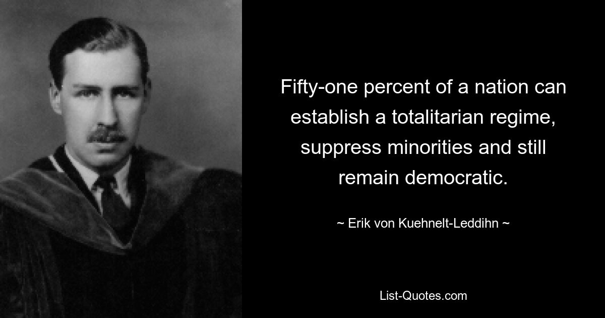 Fifty-one percent of a nation can establish a totalitarian regime, suppress minorities and still remain democratic. — © Erik von Kuehnelt-Leddihn