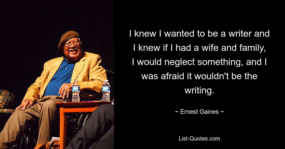 I knew I wanted to be a writer and I knew if I had a wife and family, I would neglect something, and I was afraid it wouldn't be the writing. — © Ernest Gaines