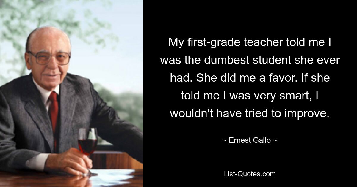 My first-grade teacher told me I was the dumbest student she ever had. She did me a favor. If she told me I was very smart, I wouldn't have tried to improve. — © Ernest Gallo