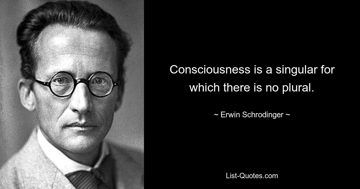 Consciousness is a singular for which there is no plural. — © Erwin Schrodinger