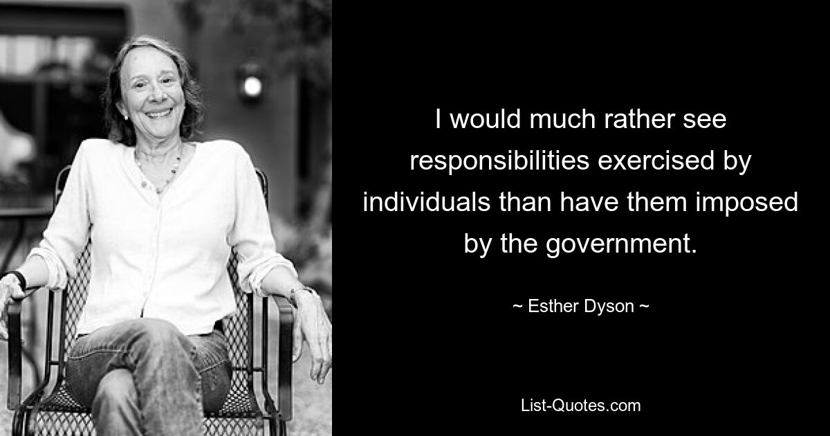 I would much rather see responsibilities exercised by individuals than have them imposed by the government. — © Esther Dyson