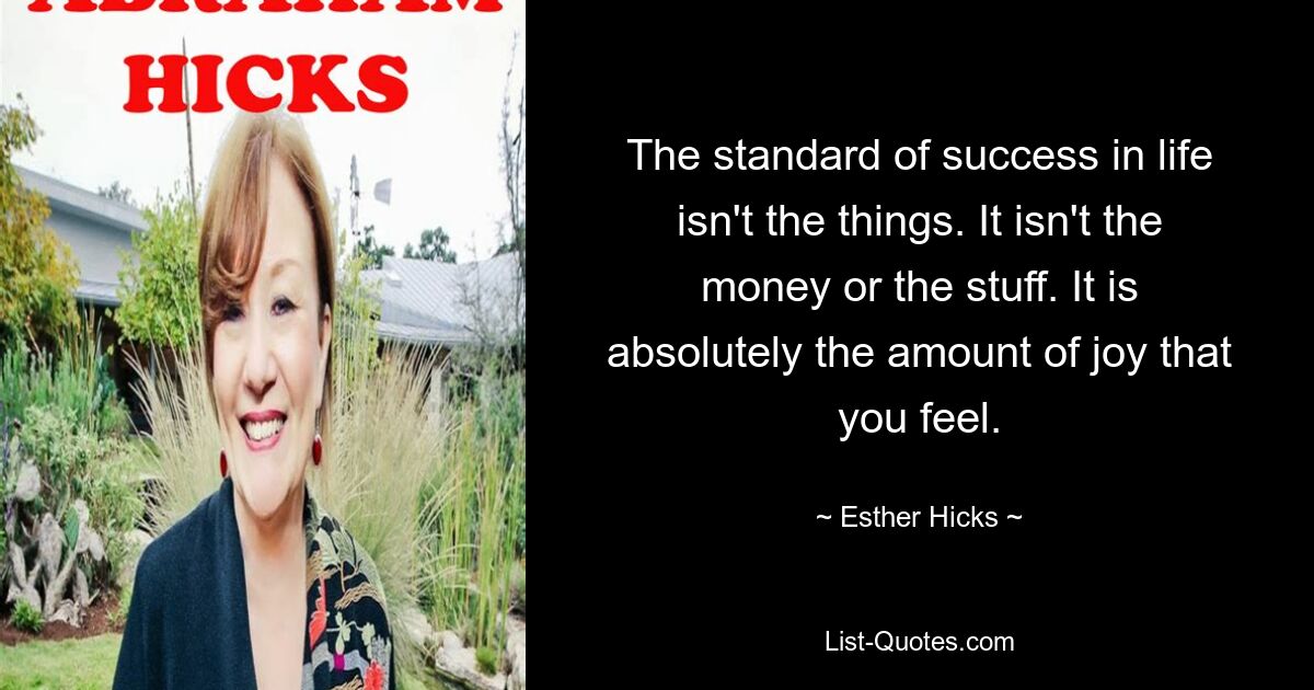 The standard of success in life isn't the things. It isn't the money or the stuff. It is absolutely the amount of joy that you feel. — © Esther Hicks