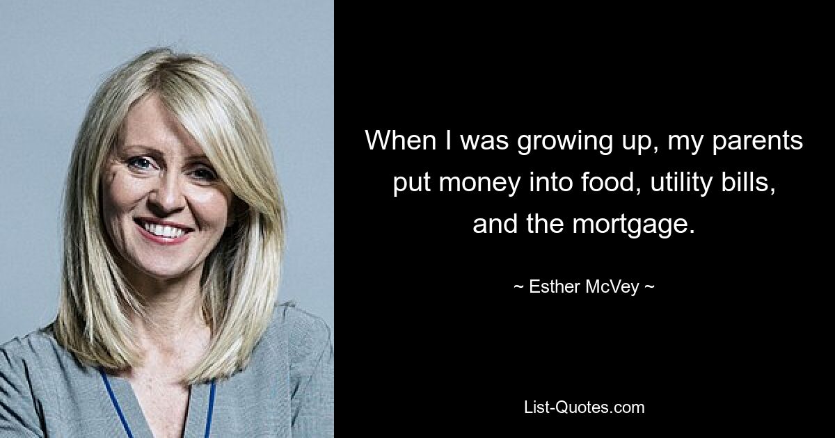 Als ich aufwuchs, investierten meine Eltern Geld in Lebensmittel, Stromrechnungen und die Hypothek. — © Esther McVey 