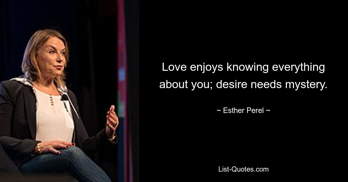 Love enjoys knowing everything about you; desire needs mystery. — © Esther Perel