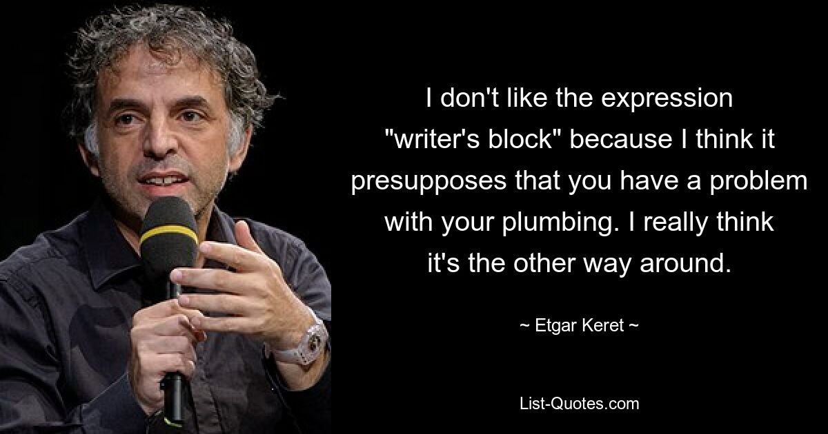 I don't like the expression "writer's block" because I think it presupposes that you have a problem with your plumbing. I really think it's the other way around. — © Etgar Keret