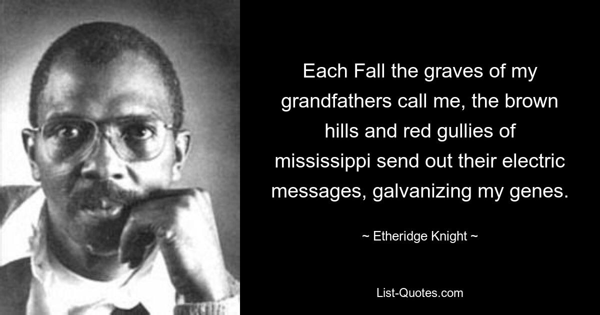 Each Fall the graves of my grandfathers call me, the brown
hills and red gullies of mississippi send out their electric
messages, galvanizing my genes. — © Etheridge Knight