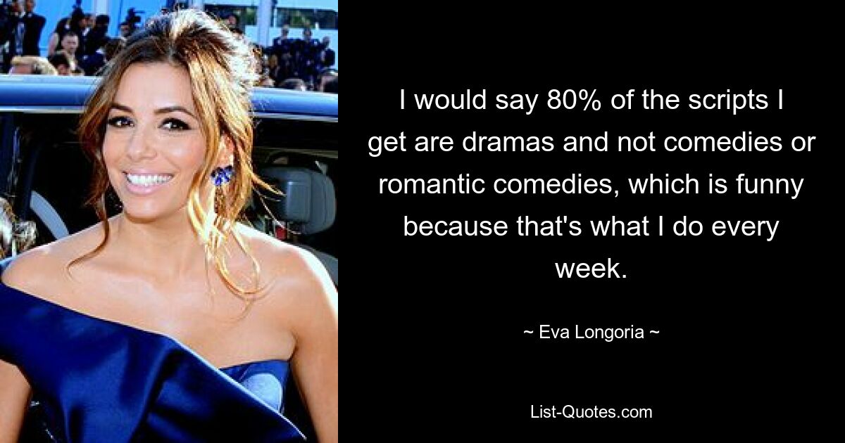 I would say 80% of the scripts I get are dramas and not comedies or romantic comedies, which is funny because that's what I do every week. — © Eva Longoria