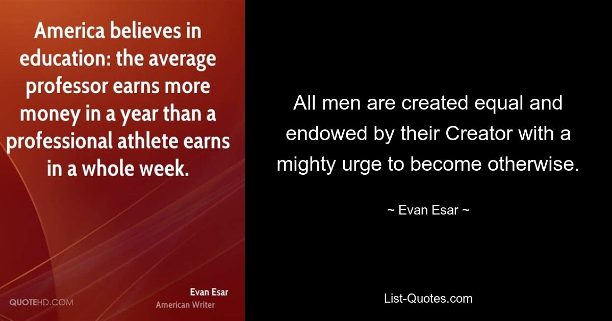 All men are created equal and endowed by their Creator with a mighty urge to become otherwise. — © Evan Esar