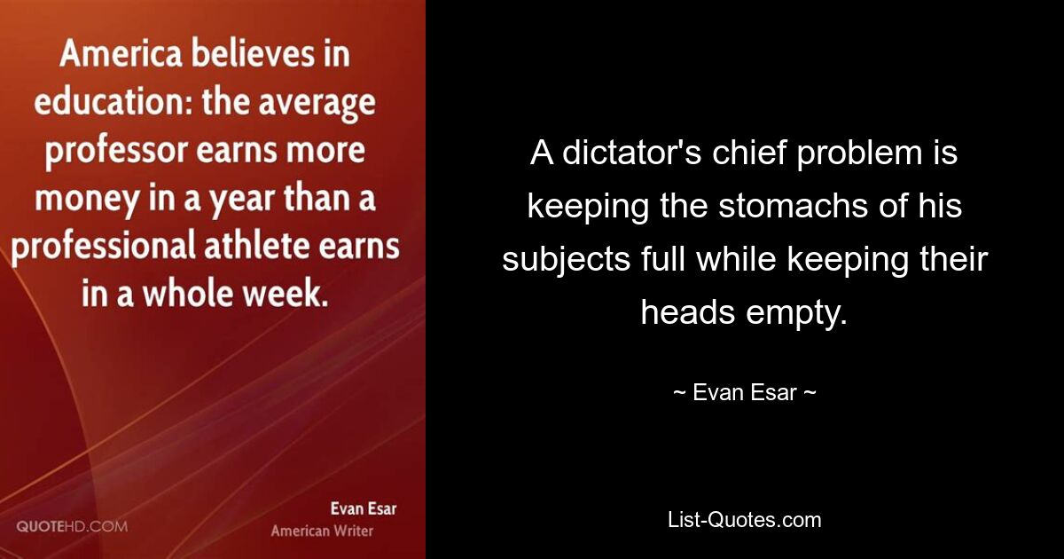 A dictator's chief problem is keeping the stomachs of his subjects full while keeping their heads empty. — © Evan Esar