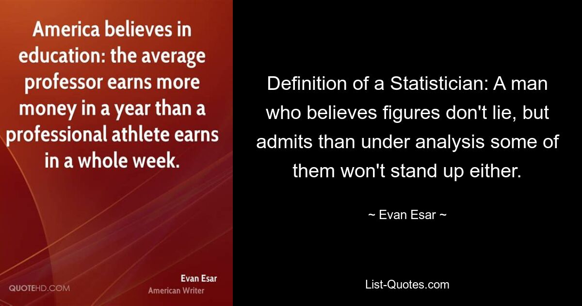 Definition of a Statistician: A man who believes figures don't lie, but admits than under analysis some of them won't stand up either. — © Evan Esar