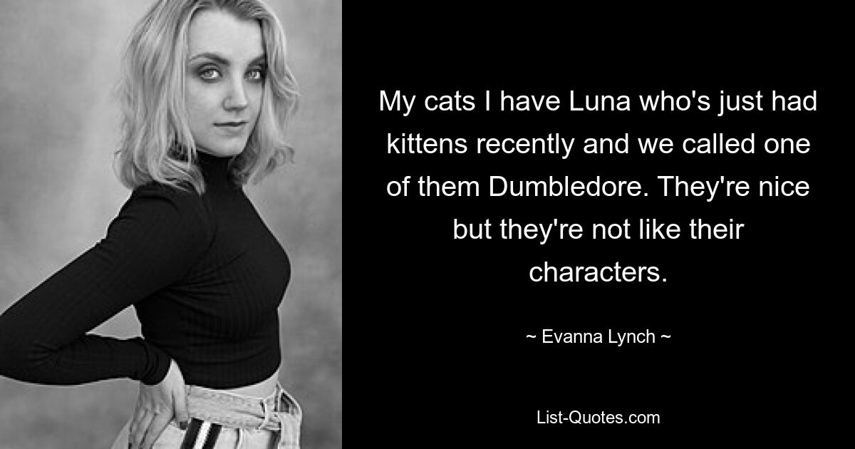 My cats I have Luna who's just had kittens recently and we called one of them Dumbledore. They're nice but they're not like their characters. — © Evanna Lynch