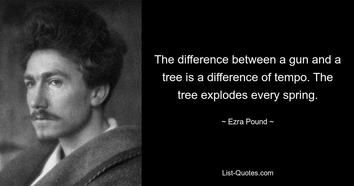 The difference between a gun and a tree is a difference of tempo. The tree explodes every spring. — © Ezra Pound