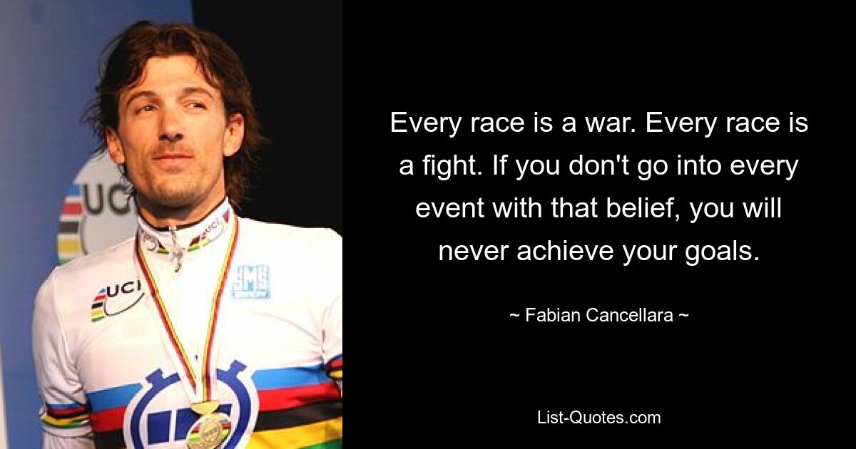 Every race is a war. Every race is a fight. If you don't go into every event with that belief, you will never achieve your goals. — © Fabian Cancellara