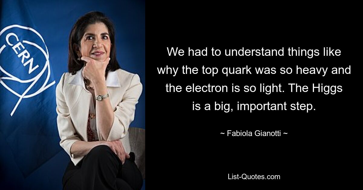 We had to understand things like why the top quark was so heavy and the electron is so light. The Higgs is a big, important step. — © Fabiola Gianotti