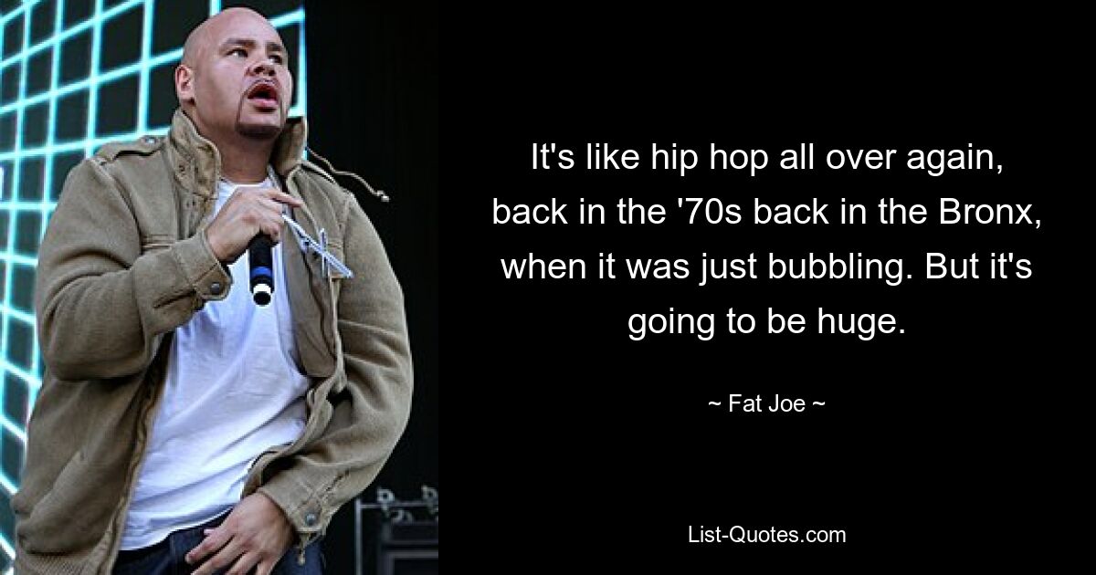 It's like hip hop all over again, back in the '70s back in the Bronx, when it was just bubbling. But it's going to be huge. — © Fat Joe