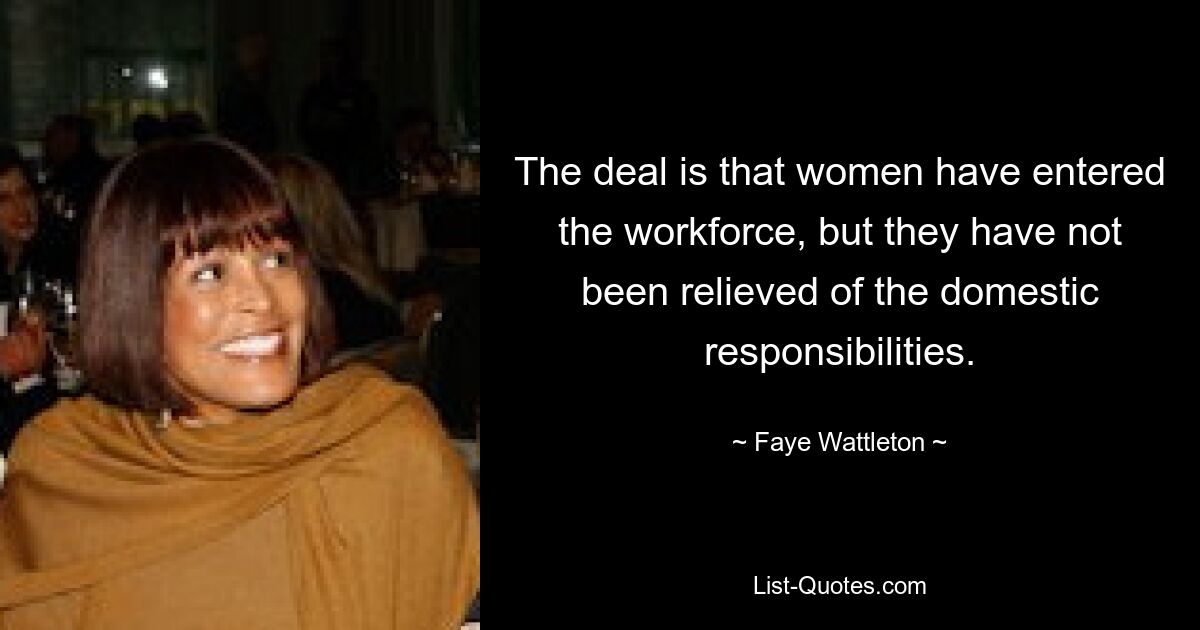 The deal is that women have entered the workforce, but they have not been relieved of the domestic responsibilities. — © Faye Wattleton