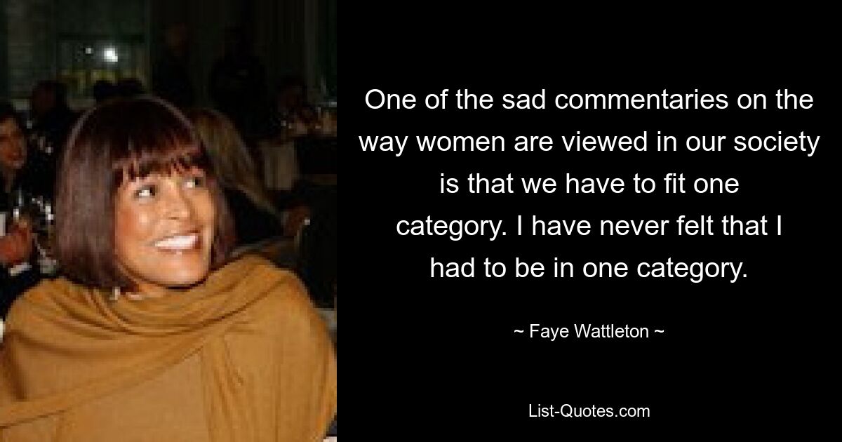 One of the sad commentaries on the way women are viewed in our society is that we have to fit one category. I have never felt that I had to be in one category. — © Faye Wattleton