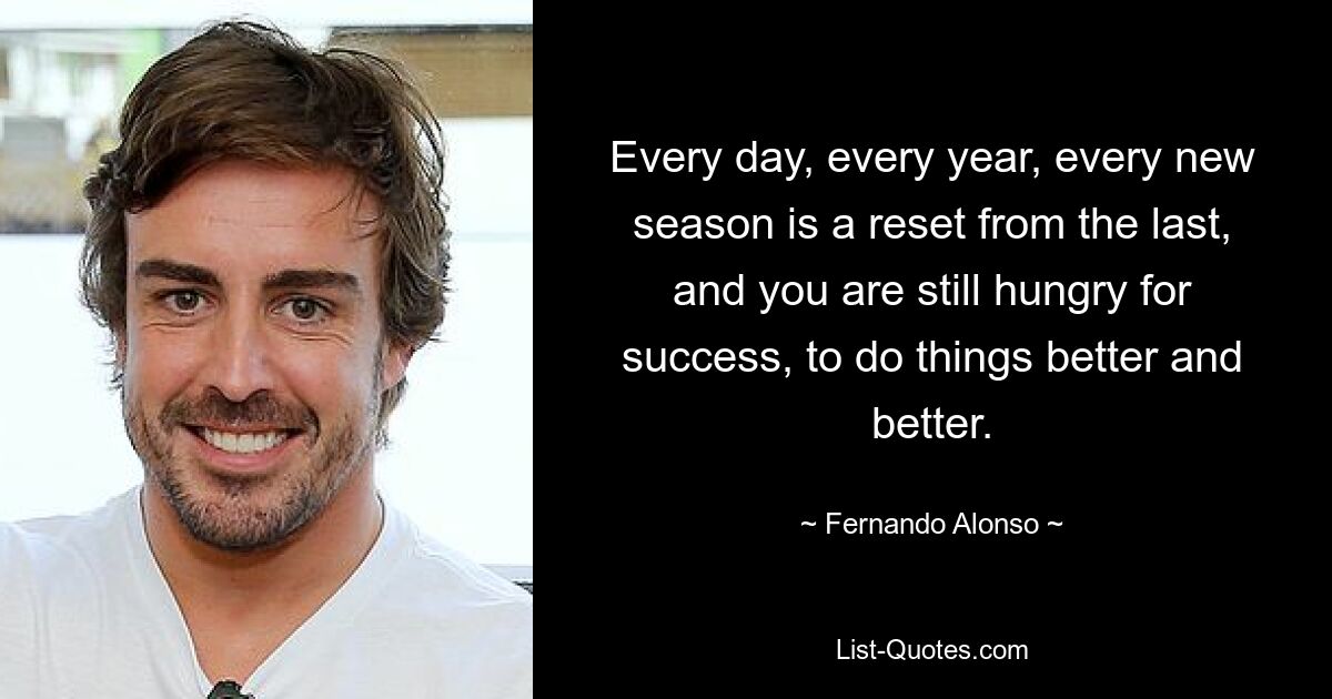 Every day, every year, every new season is a reset from the last, and you are still hungry for success, to do things better and better. — © Fernando Alonso