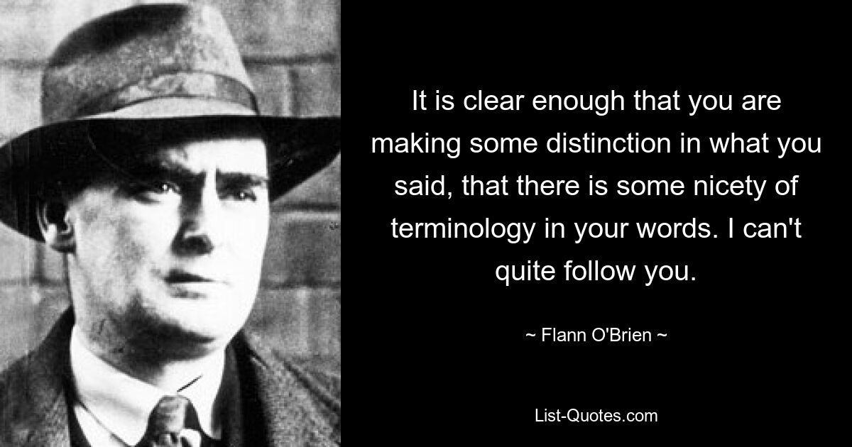 It is clear enough that you are making some distinction in what you said, that there is some nicety of terminology in your words. I can't quite follow you. — © Flann O'Brien