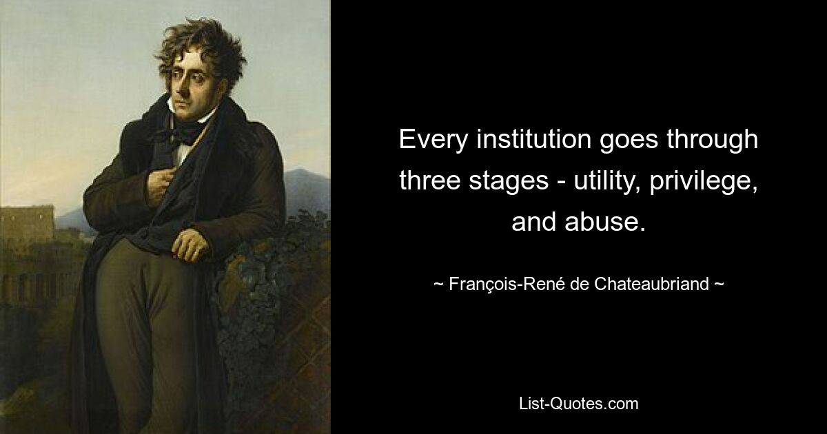 Every institution goes through three stages - utility, privilege, and abuse. — © François-René de Chateaubriand