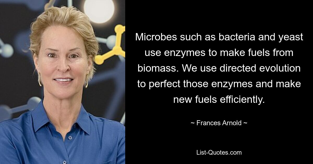 Microbes such as bacteria and yeast use enzymes to make fuels from biomass. We use directed evolution to perfect those enzymes and make new fuels efficiently. — © Frances Arnold