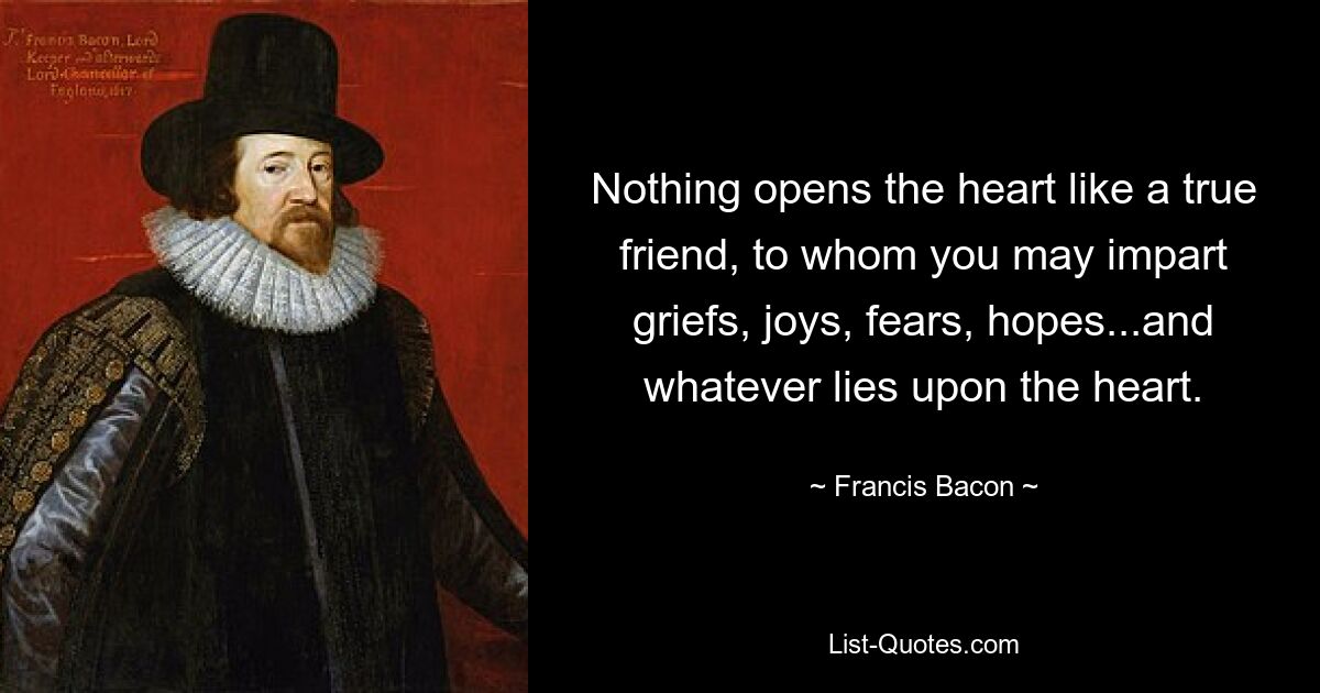 Nothing opens the heart like a true friend, to whom you may impart griefs, joys, fears, hopes...and whatever lies upon the heart. — © Francis Bacon