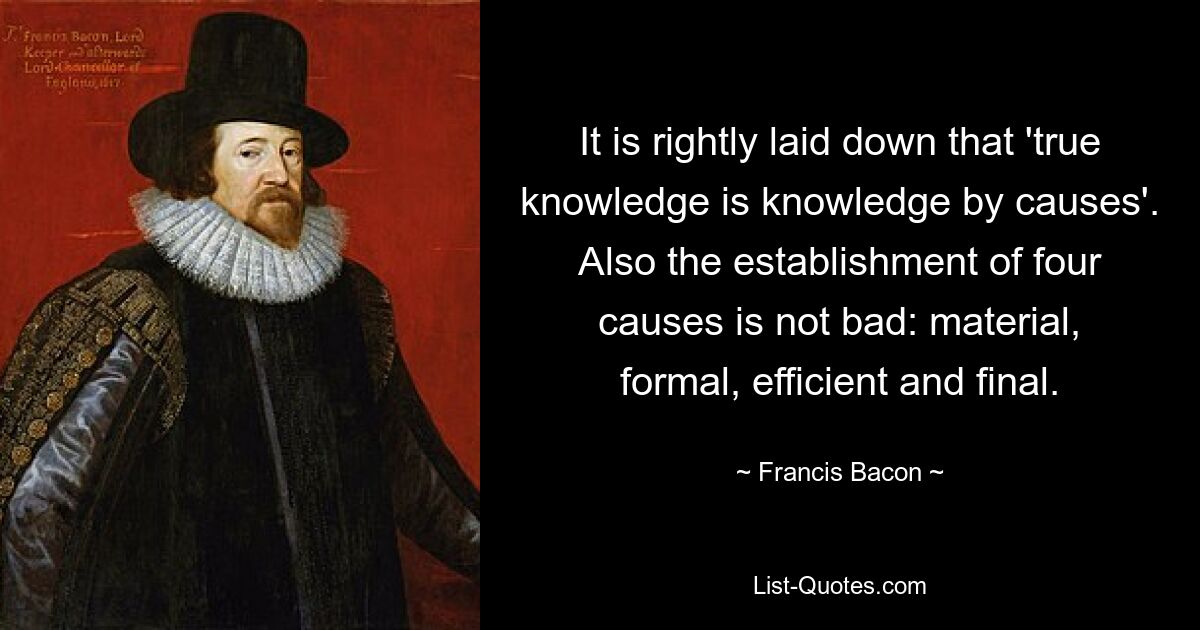 Справедливо сказано, что «истинное знание — это знание причин». Неплохо также установление четырех причин: материальной, формальной, действенной и конечной. — © Фрэнсис Бэкон
