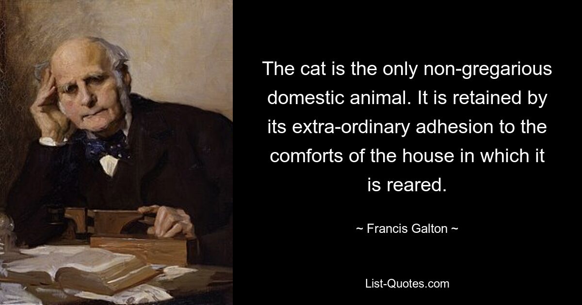 The cat is the only non-gregarious domestic animal. It is retained by its extra-ordinary adhesion to the comforts of the house in which it is reared. — © Francis Galton