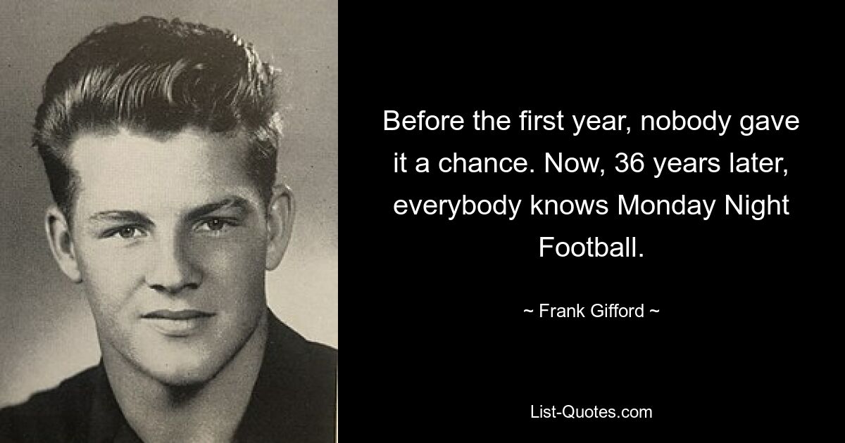 Before the first year, nobody gave it a chance. Now, 36 years later, everybody knows Monday Night Football. — © Frank Gifford