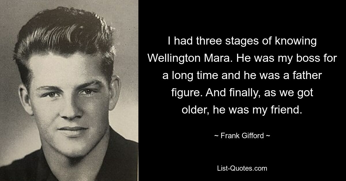 I had three stages of knowing Wellington Mara. He was my boss for a long time and he was a father figure. And finally, as we got older, he was my friend. — © Frank Gifford