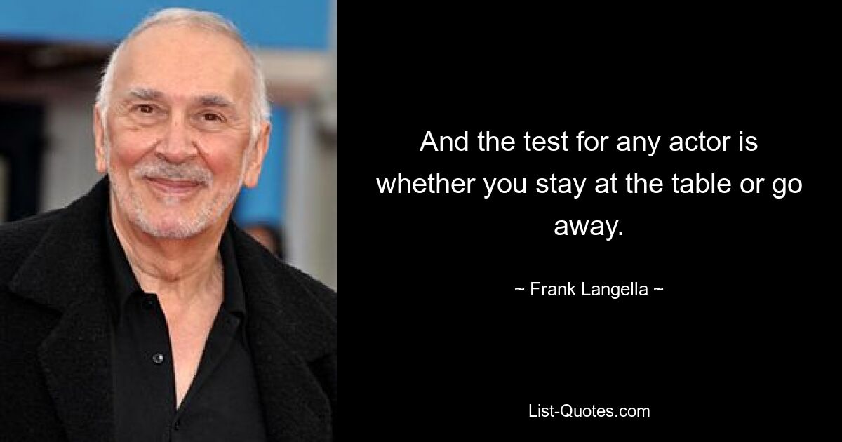 And the test for any actor is whether you stay at the table or go away. — © Frank Langella