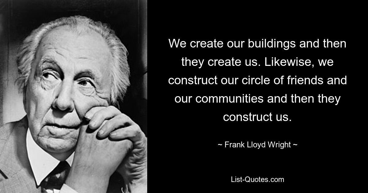 We create our buildings and then they create us. Likewise, we construct our circle of friends and our communities and then they construct us. — © Frank Lloyd Wright