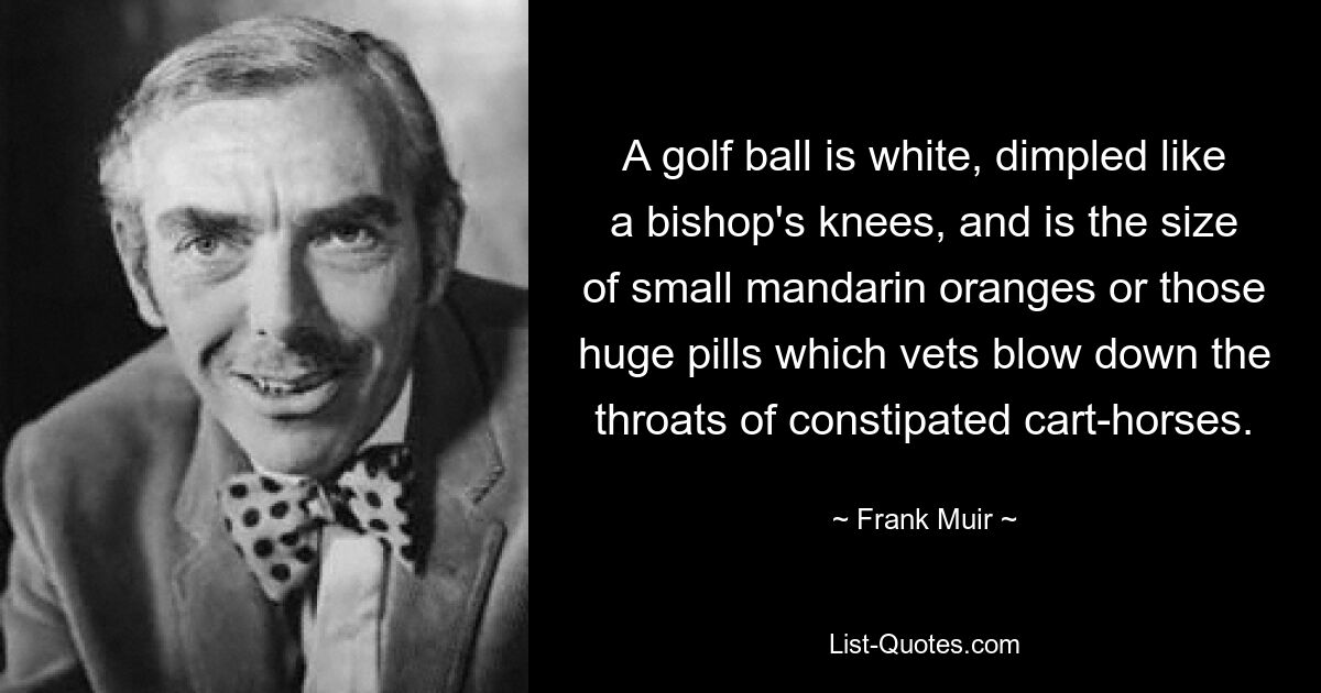 A golf ball is white, dimpled like a bishop's knees, and is the size of small mandarin oranges or those huge pills which vets blow down the throats of constipated cart-horses. — © Frank Muir